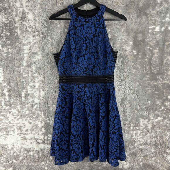 City Triangles Junior Sz 10/11 Floral Lace Sleeveless Flare Mini Dress Blue Zip - Picture 1 of 11